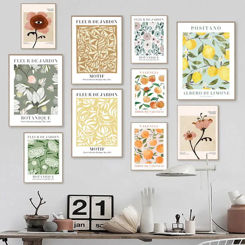 DecorBites™ lemon flower vintage plant canvas wall art set featuring muted botanical prints with citrus and floral motifs