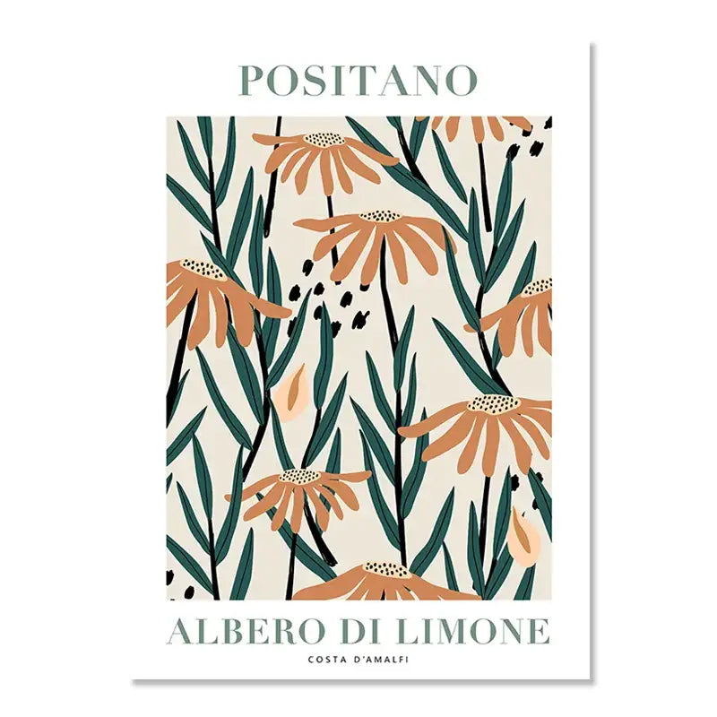 A framed vintage plant wall art featuring lemon flower illustration and text albero di limone costa d’amalfi by decorbites
