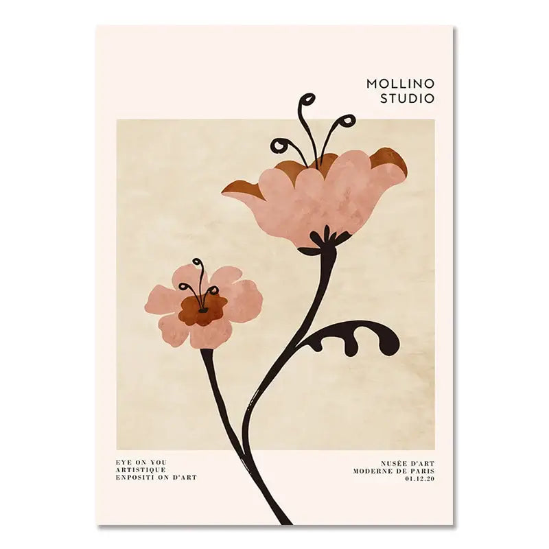 DecorBites lemon flower vintage plant canvas wall art featuring minimalist pink flowers on beige background by mollino studio