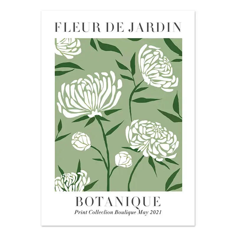 Rectangular vintage plant wall art featuring stylized white chrysanthemums and lemon flower on sage canvas by decorbites