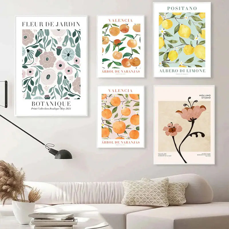 Set of five framed decorbites™ lemon flower vintage plant canvas wall art featuring pastel floral and citrus prints
