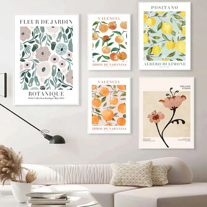 Set of five framed decorbites™ lemon flower vintage plant canvas wall art featuring pastel floral and citrus prints