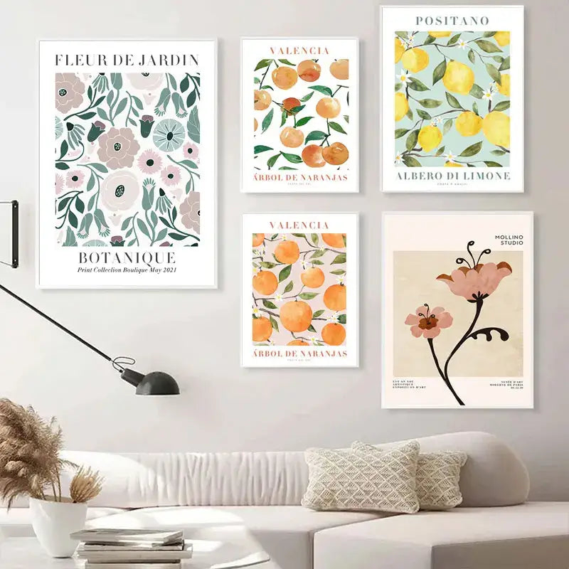 Set of five vintage plant wall art featuring lemon flower botanical prints in soft pastel and earthy watercolor tones