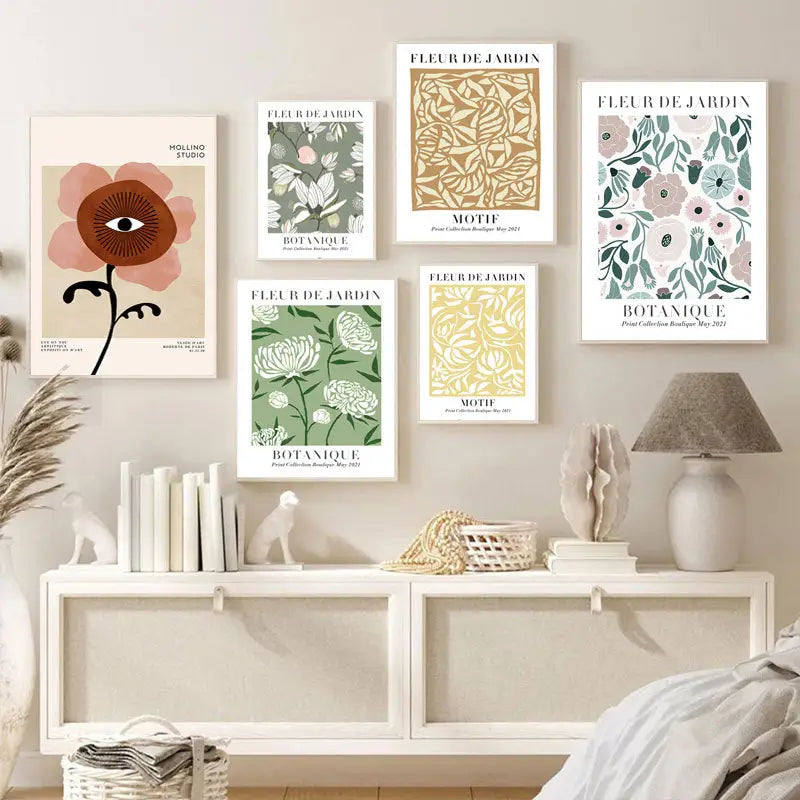 Set of six vintage plant wall art prints featuring lemon flower and botanical patterns in muted pastel tones