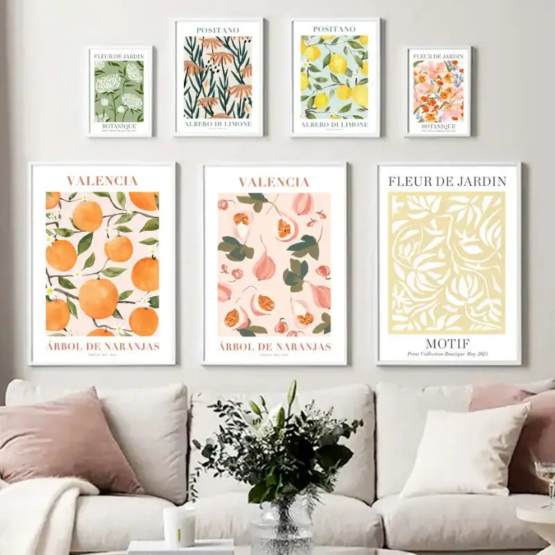 Set of six framed vintage plant wall art prints featuring lemon flower illustrations in soft pastel tones on white backgrounds