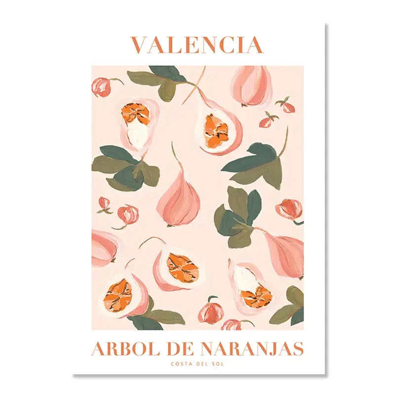 A soft pink vintage plant canvas wall art featuring stylized figs and lemon flower motifs by decorbites