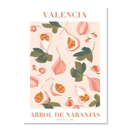 A soft pink vintage plant canvas wall art featuring stylized figs and lemon flower motifs by decorbites