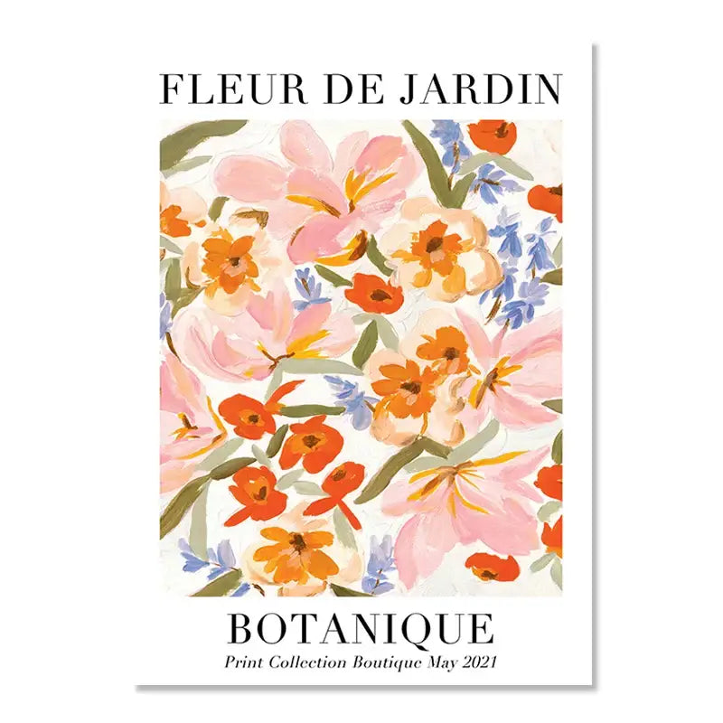 DecorBites™ lemon flower vintage plant wall art featuring vibrant pink orange and blue watercolor blossoms on cream canvas