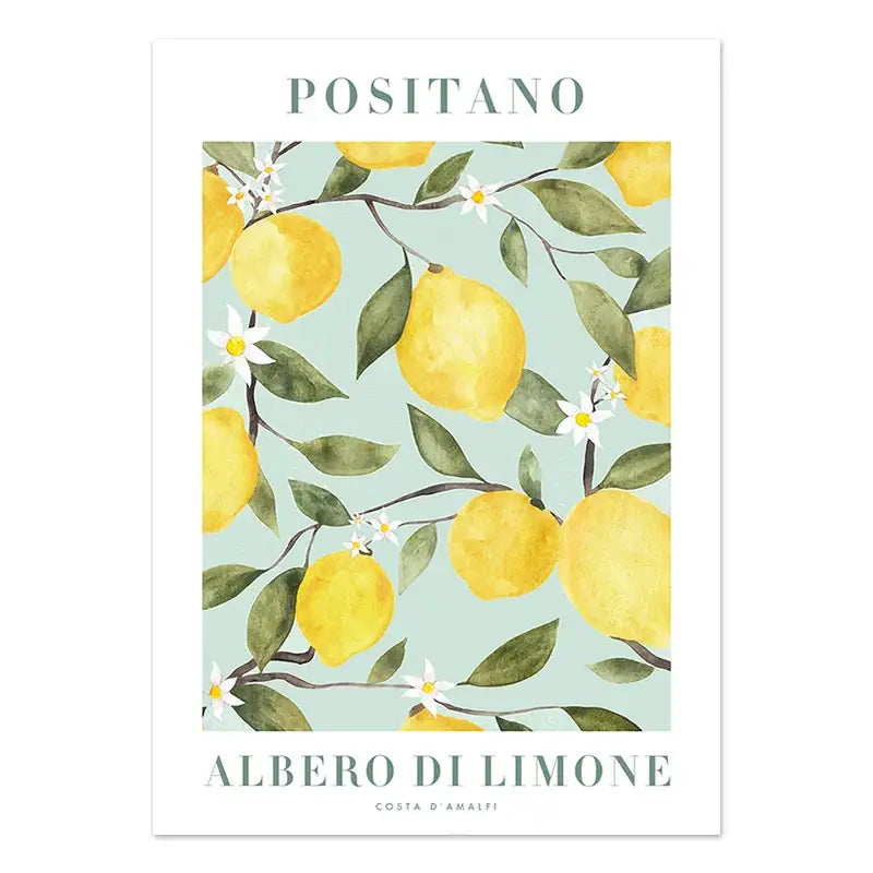 Watercolor vintage plant wall art featuring vibrant yellow lemon flower and white blooms on mint green canvas by decorbites