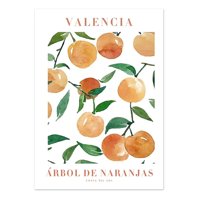 Decorbites™ lemon flower vintage plant canvas wall art featuring orange citrus fruits and green leaves with valencia text