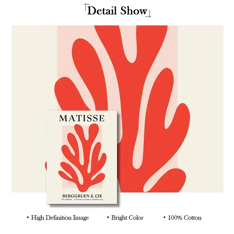 Cream-colored cotton abstract canvas wall art featuring bold red stylized seaweed design by matisse on canvas