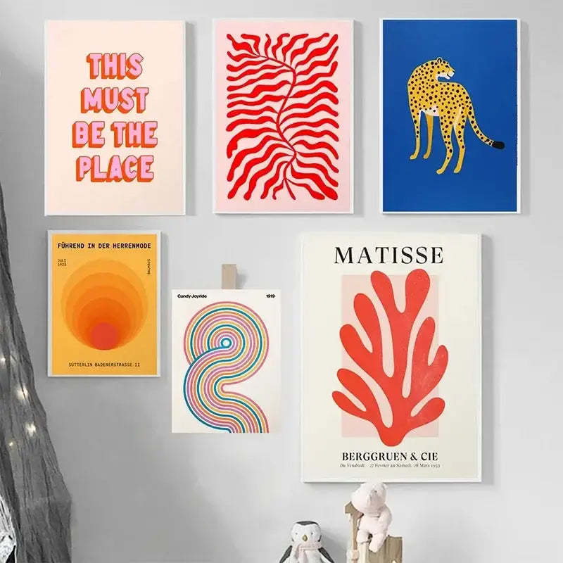 Set of six decorbites™ leopard color block abstract canvas wall art featuring bold colors and matisse coral motif