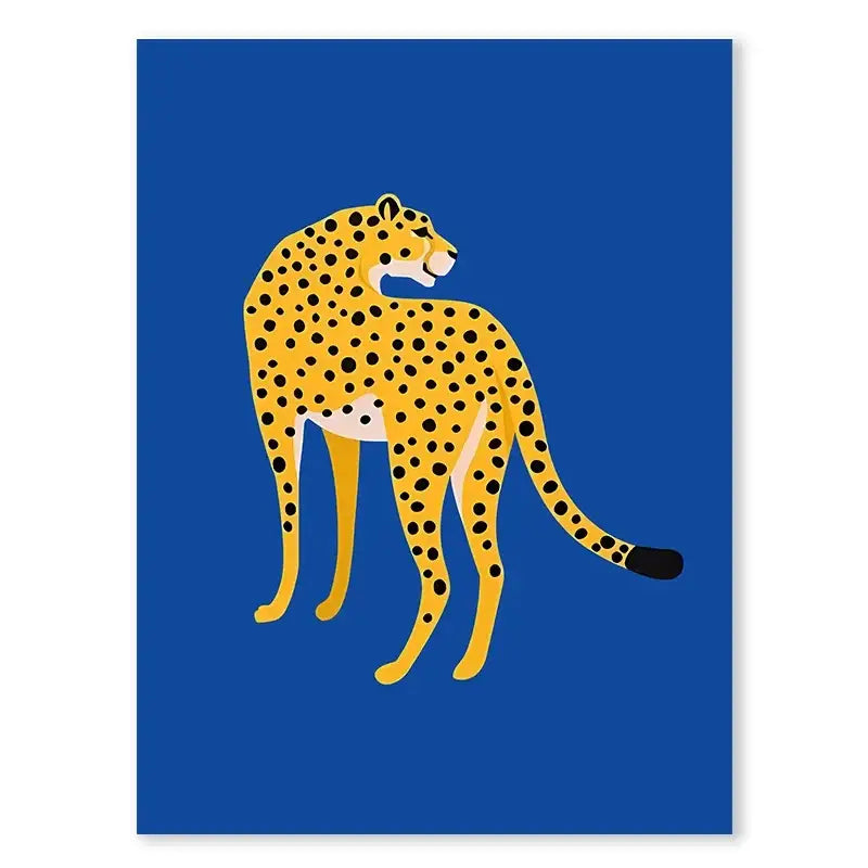 Decorbites™ leopard color block abstract canvas wall art featuring a yellow cheetah with black spots on blue background