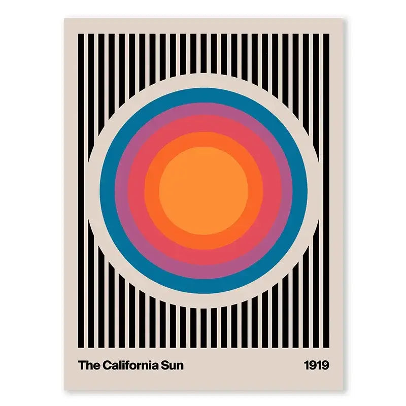 DecorBites™ leopard color block abstract canvas wall art with vintage concentric circles in orange pink and blue hues