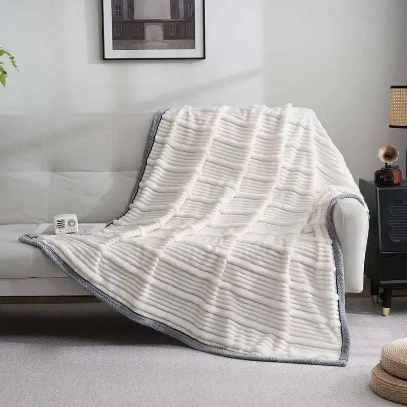 Decorbites light luxury cream ribbed sofa blanket with gray border draped over sofa for elegant living space