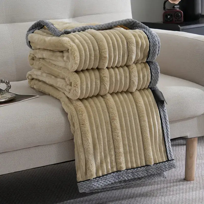 Beige and gray ribbed fleece decorbites light luxury sofa blanket with plush textured surface for bedroom throw