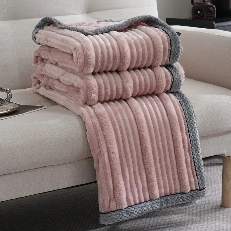 Pink and gray ribbed fleece throw blanket with plush textured surface from decorbites light luxury sofa blanket collection
