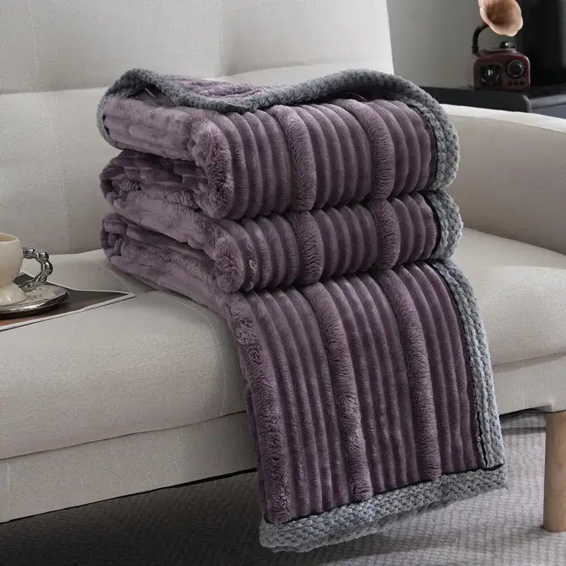Decorbites light luxury cream ribbed sofa blanket in lavender fleece with gray knitted border for bedroom throw