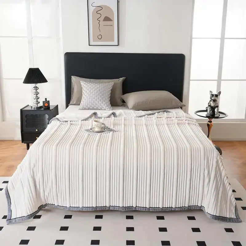 Decorbites light luxury cream ribbed sofa blanket with white ribbed cotton fabric and subtle gray border for texture