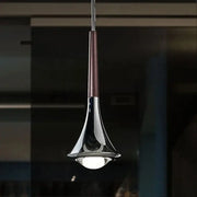 Modern decorbites chandelier with sleek chrome finish and dark brown wood accent in trumpet-shaped light luxury meteor design