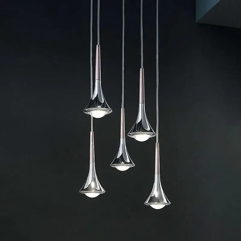 Modern chrome-finished decorbites chandelier with light luxury meteor trumpet glass shades and thin cables for living room