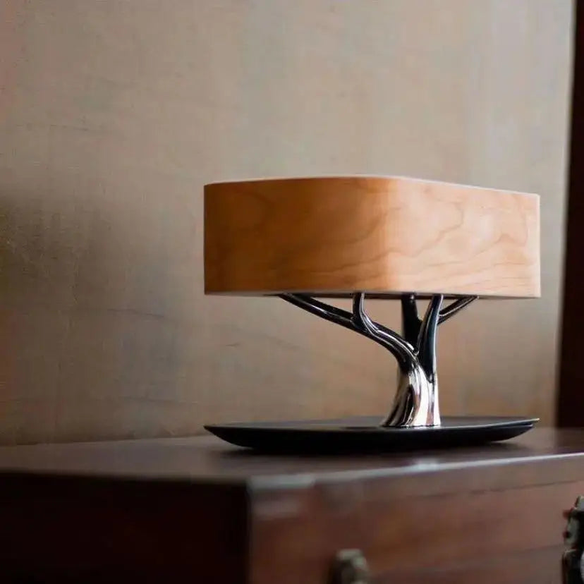 Decorbites™ life table lamp with natural wood rectangular diffuser and metallic sculpted tree branch base