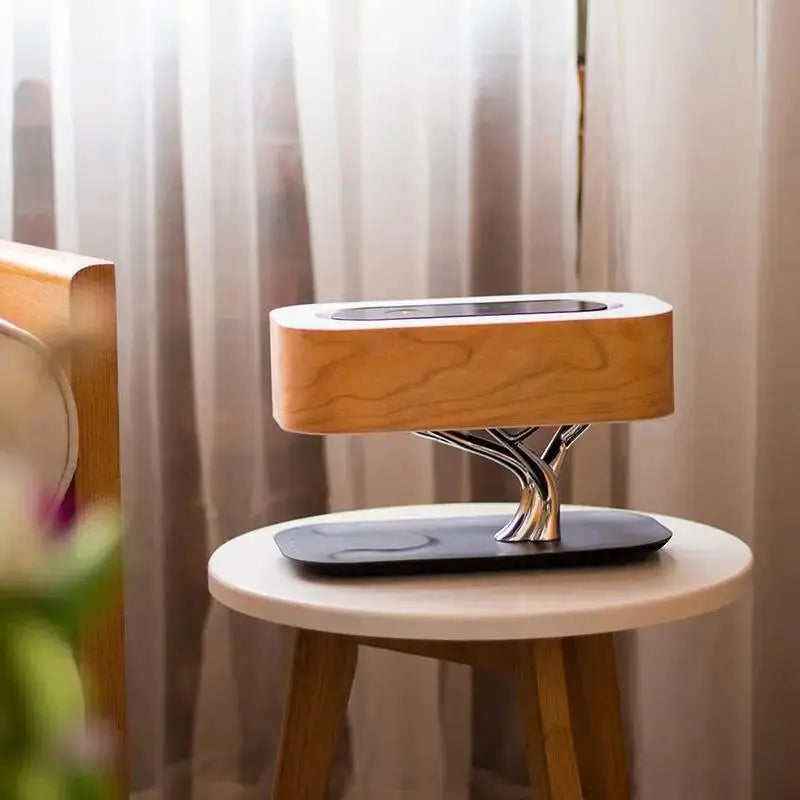 DecorBites™ light of life table lamp features a sleek tree-shaped design with light wood top and silver metal base