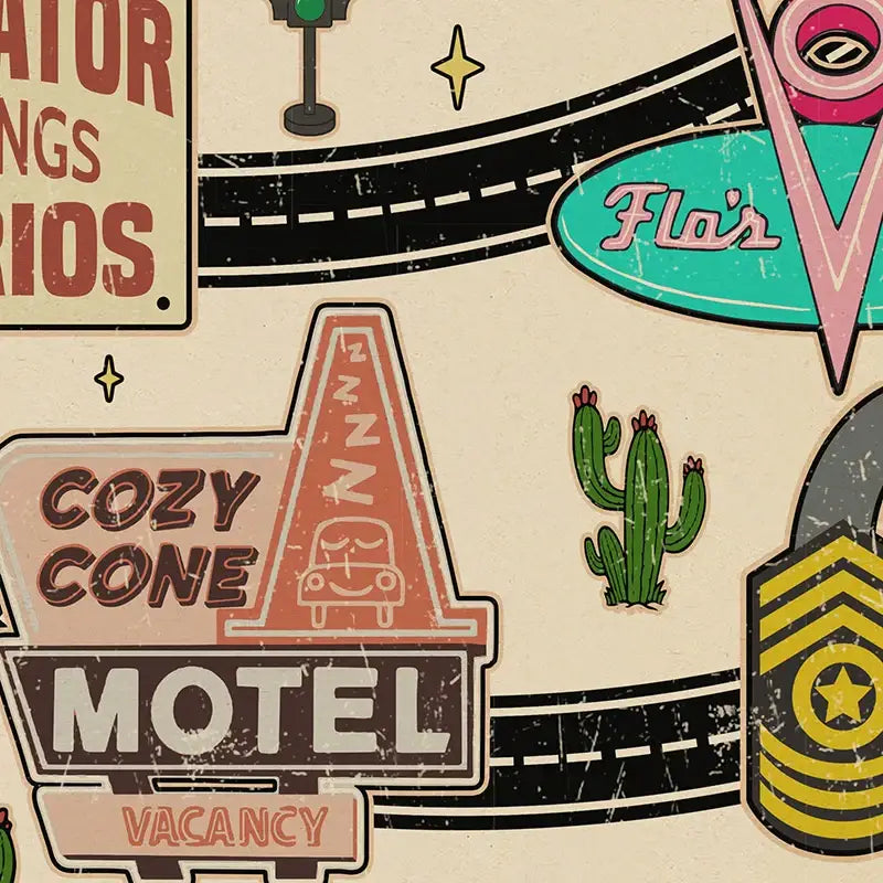 DecorBites™ art prints featuring a retro orange and white cozy cone motel sign with smiling Lightning McQueen from Cars movie