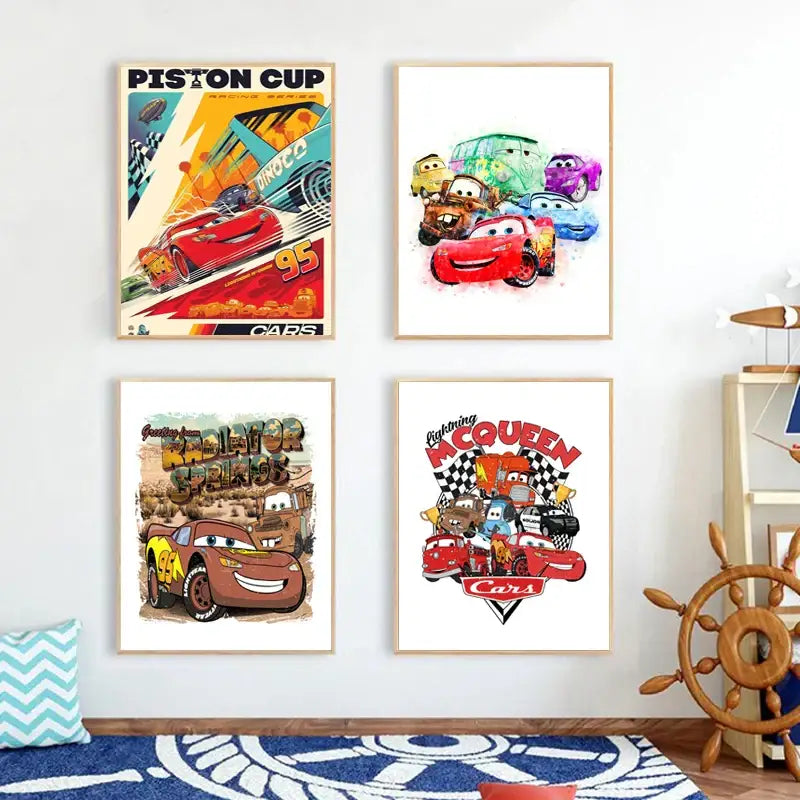 Four framed DecorBites™ lightning mcqueen cartoon car art prints featuring vibrant racing illustrations on a white wall
