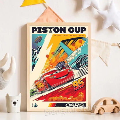 A vibrant red lightning mcqueen cartoon car art print featuring bold graphics and a dynamic race scene by decorbites