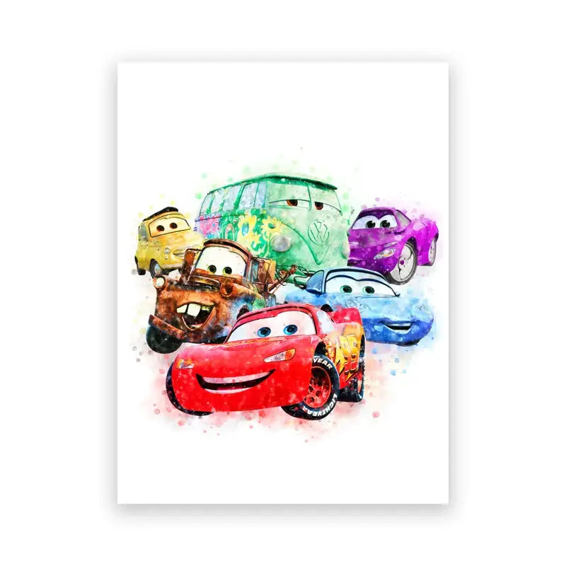 Decorbites™ lightning mcqueen cartoon car art prints featuring colorful animated cars including a red race car and rusty tow truck