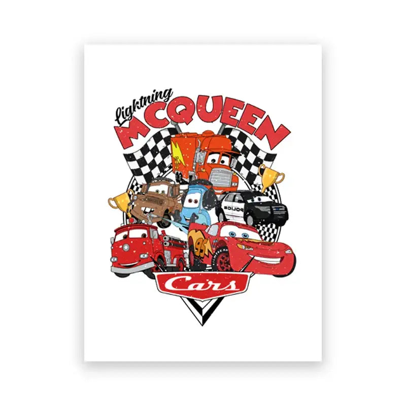 White poster featuring vibrant cartoon car art prints of lightning mcqueen and other disney pixar characters for decor