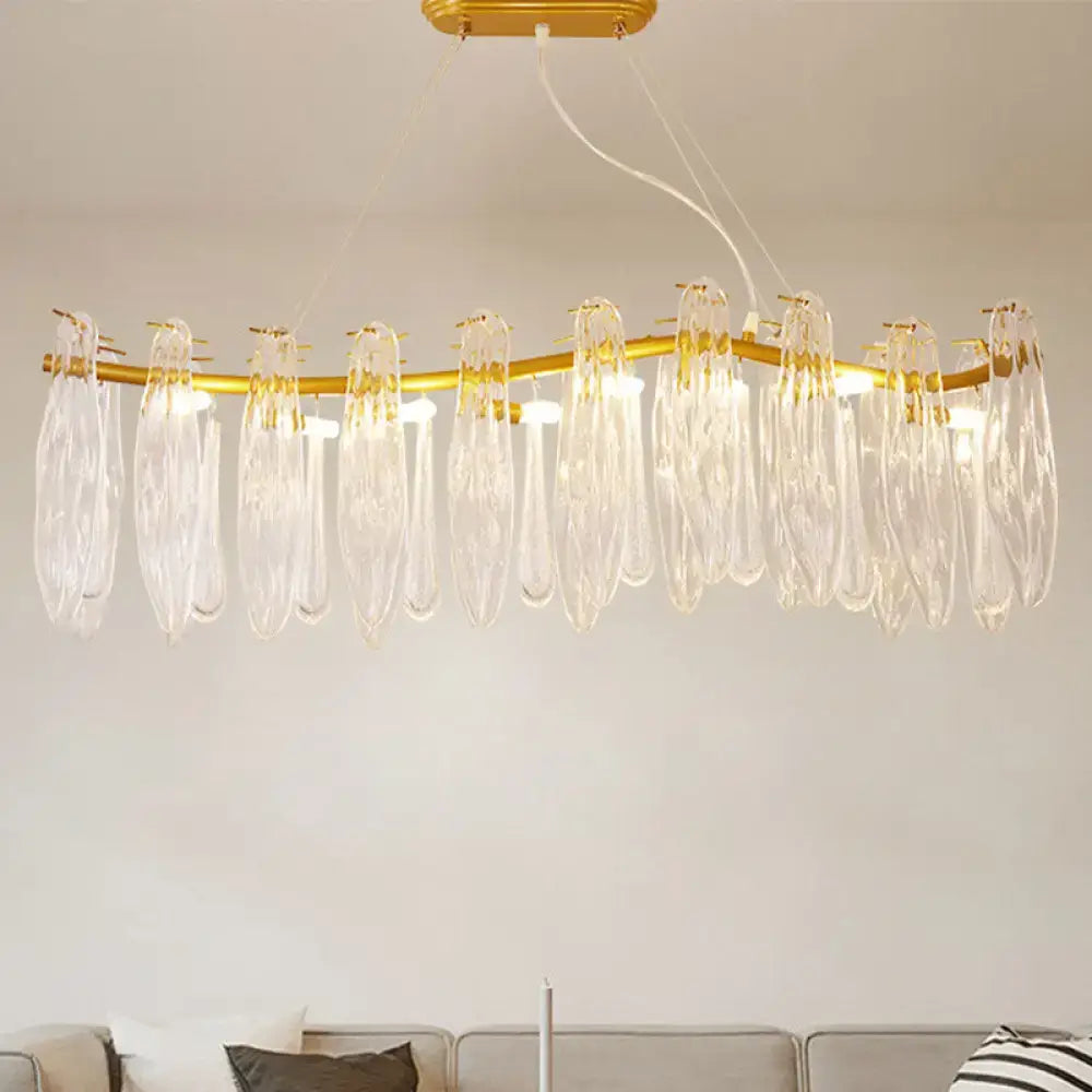 Gold-toned linear island lamp with 8 clear k9 crystal teardrop pendants for living room lighting