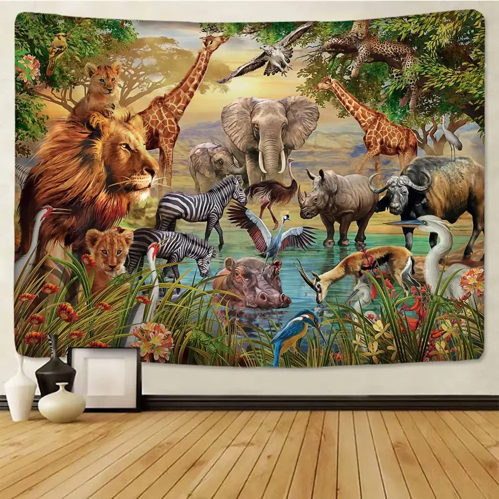 Vibrant decorbites lion tapestry silver grassland animal wall hanging with detailed lions elephants giraffes and zebras