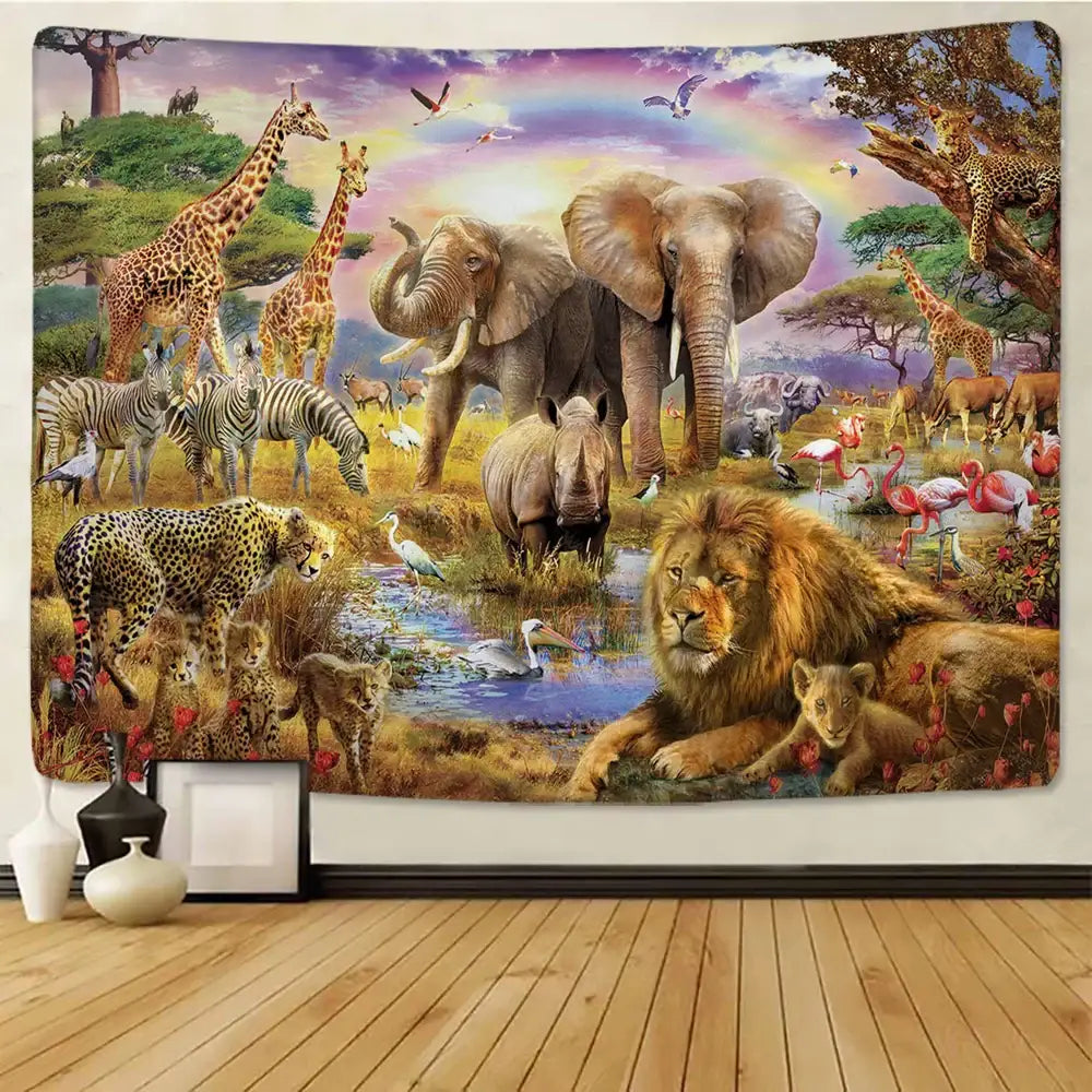 Decorbites lion tapestry silver grassland animal wall hanging featuring vibrant lions elephants giraffes and zebras