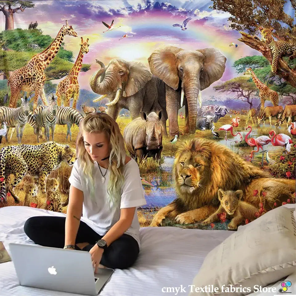 Silver apple laptop showcasing decorbites lion tapestry silver grassland animal wall hanging for bedroom decor