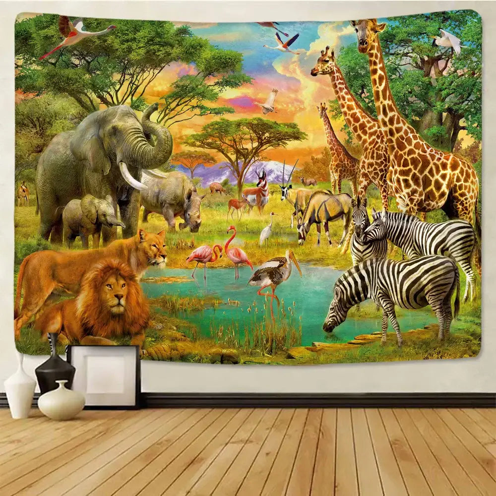 Vibrant decorbites lion tapestry featuring detailed african wildlife in silver grassland for bedroom wall hanging