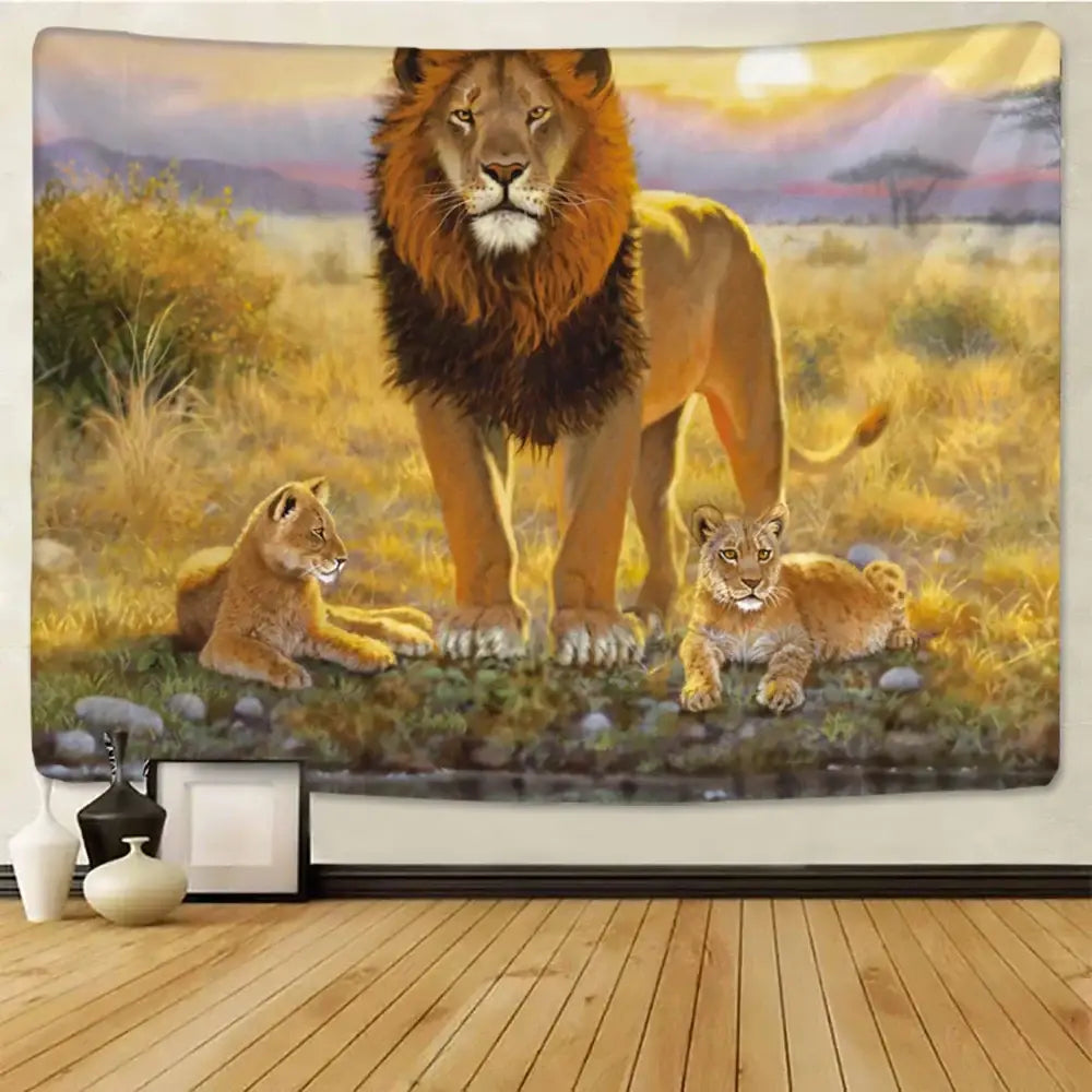 A vibrant decorbites lion tapestry with a golden mane lion and cubs in a sunlit silver grassland for wall hanging