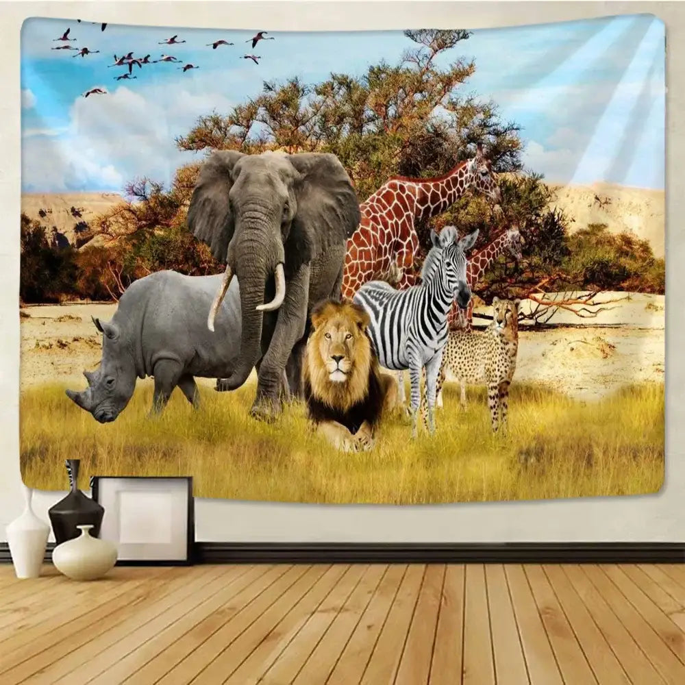 A vibrant decorbites lion tapestry silver grassland animal wall hanging with elephant lion rhino giraffe zebra and cheetah print