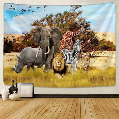A vibrant decorbites lion tapestry silver grassland animal wall hanging with elephant lion rhino giraffe zebra and cheetah print
