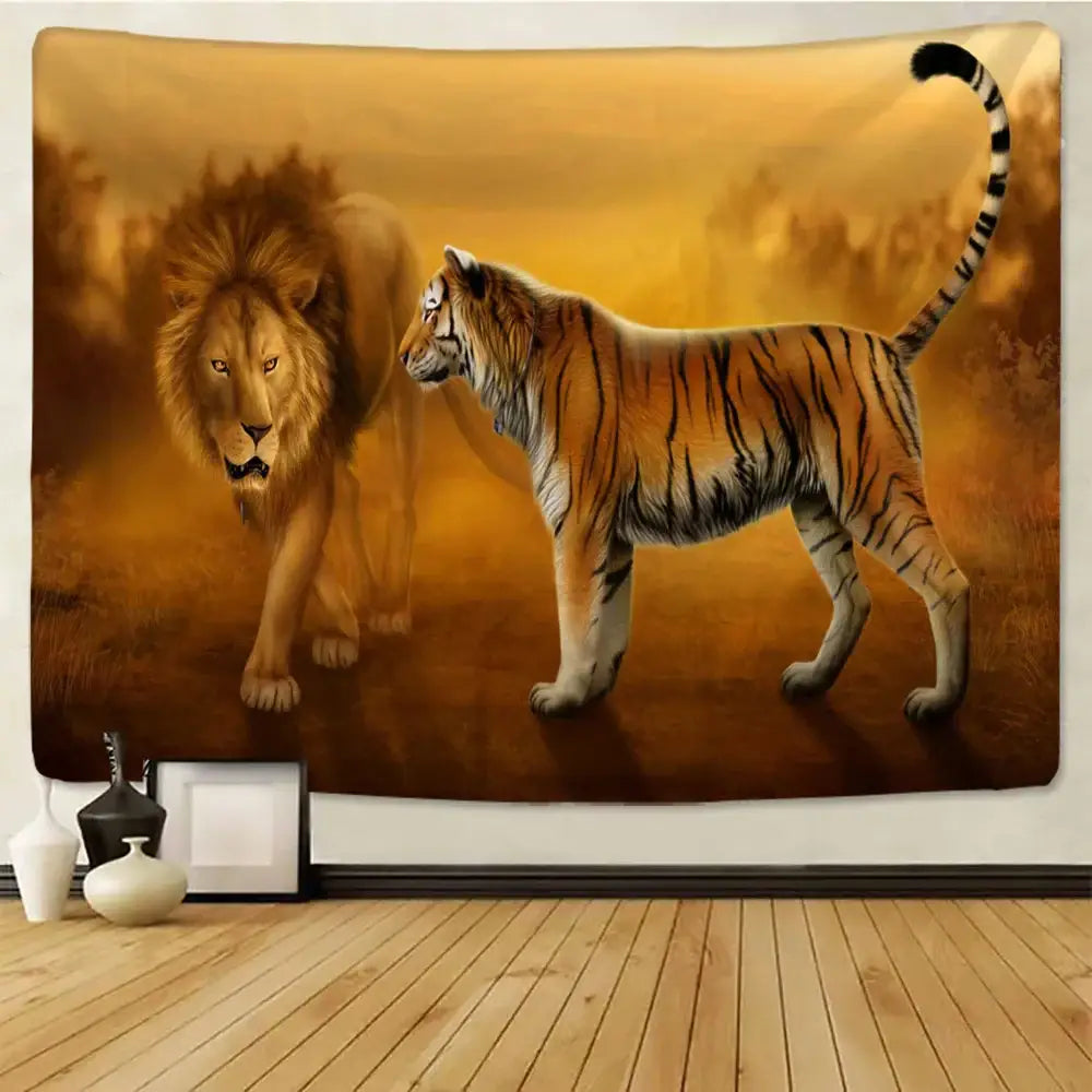 A vibrant orange and black decorbites lion tapestry featuring a detailed lion and tiger on a golden savanna backdrop