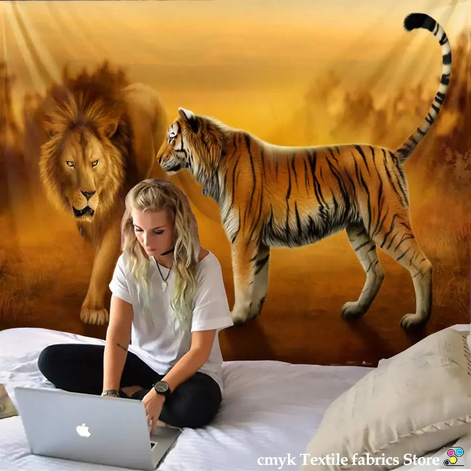 Silver apple laptop placed beside a decorbites lion tapestry featuring silver grassland animal wall hanging for bedroom decor