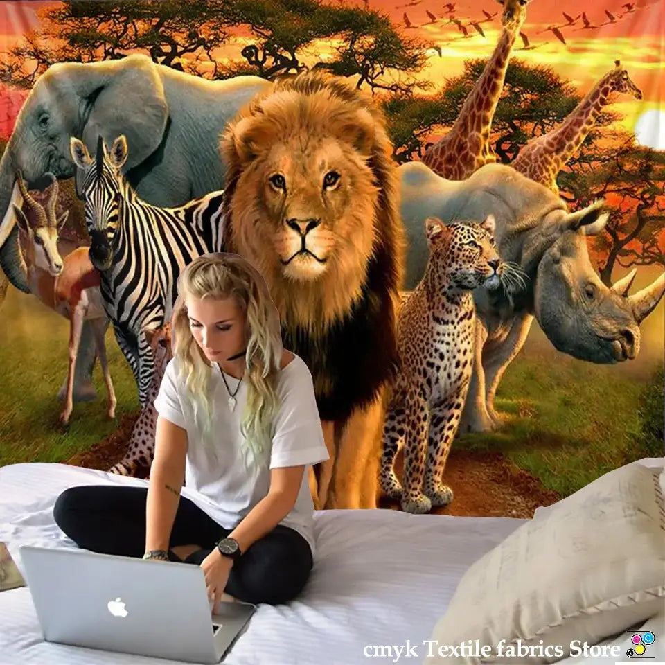Silver apple laptop displayed with decorbites lion tapestry featuring silver grassland animal wall hanging for bedroom