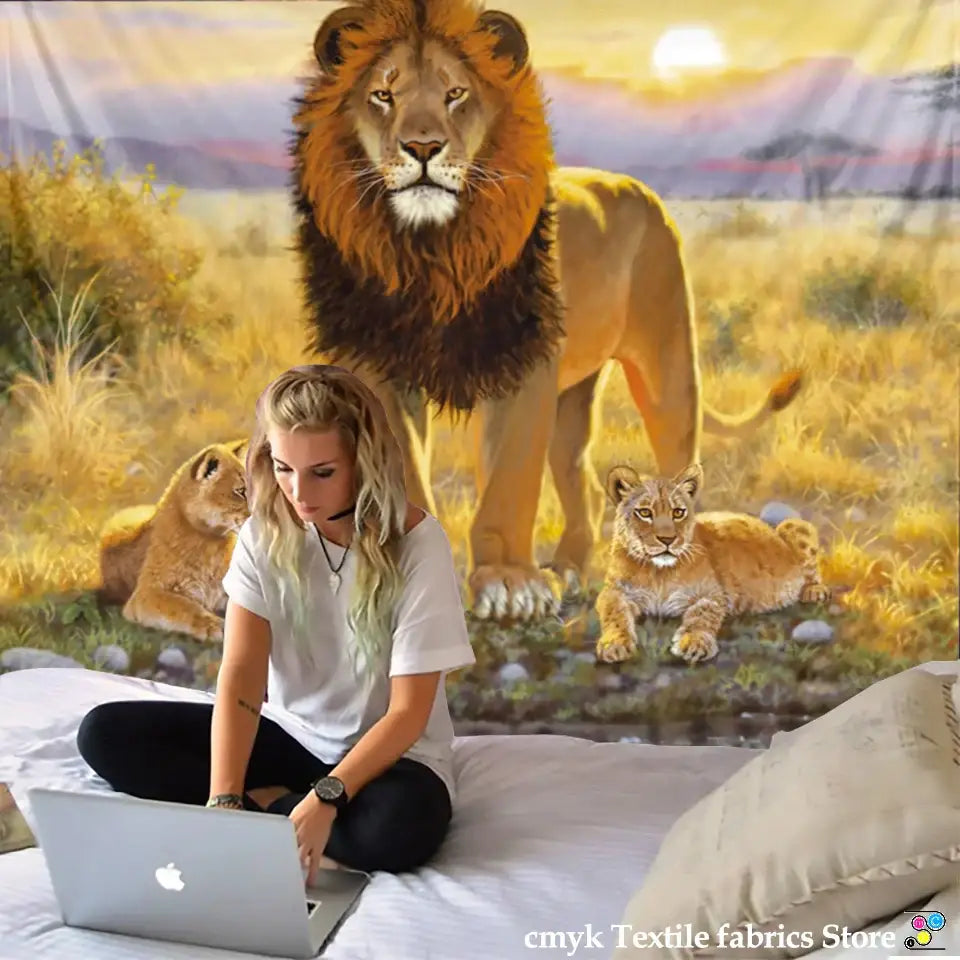 A vibrant decorbites lion tapestry with a majestic lion and cubs in a golden savanna sunset for bedroom decor