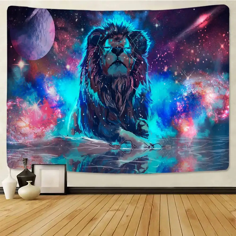 Decorbites lion tapestry featuring vibrant cosmic lion with swirling nebulae in electric blues and purples for bedroom decor