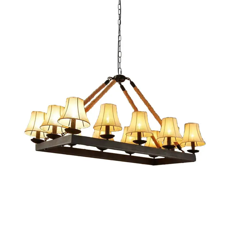 Rustic industrial fabric island lamp with loft style black iron rectangle frame and braided rope pendant for restaurants