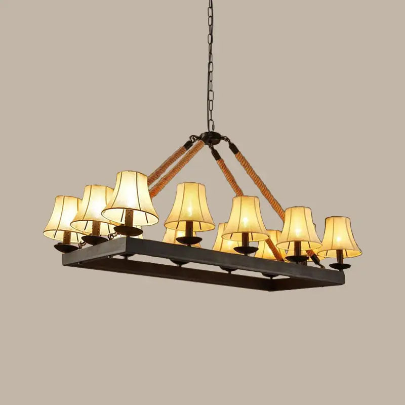 Decorbites™ loft style black fabric island lamp with 12 lights iron rectangle frame and rope pendant ideal for restaurants