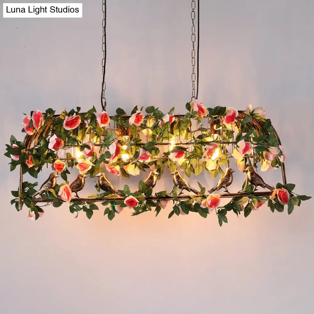 Decorbites loft style iron birdcage pendant bulbs island lamp with artificial pink white roses green leaves and bronze birds