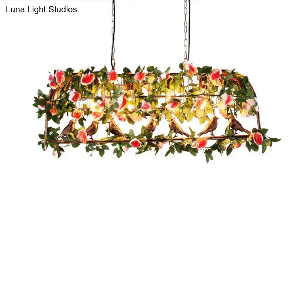 DecorBites™ loft style iron birdcage bulbs island lamp with artificial pink white roses green leaves and small brown birds