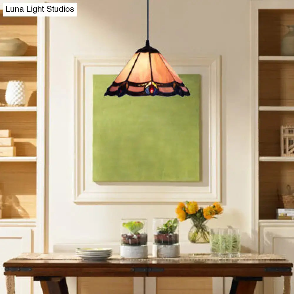 DecorBites™ loft tiffany purple glass cone suspension pendant light with warm amber and deep blue accents for living room